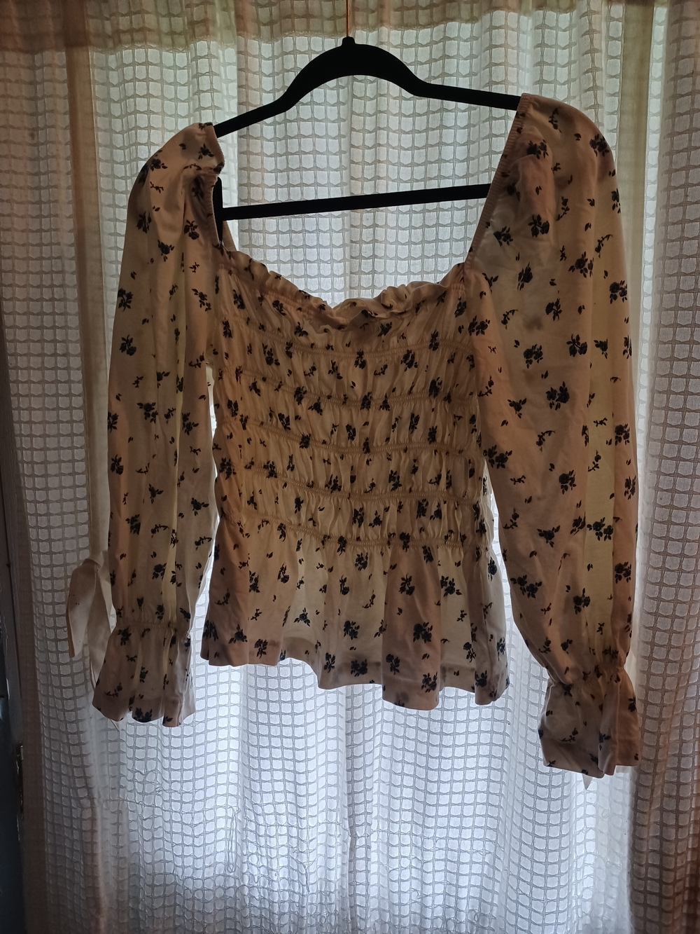 H&M Cream Floral Smocked Square-Neck Blouse with Puff Sleeves